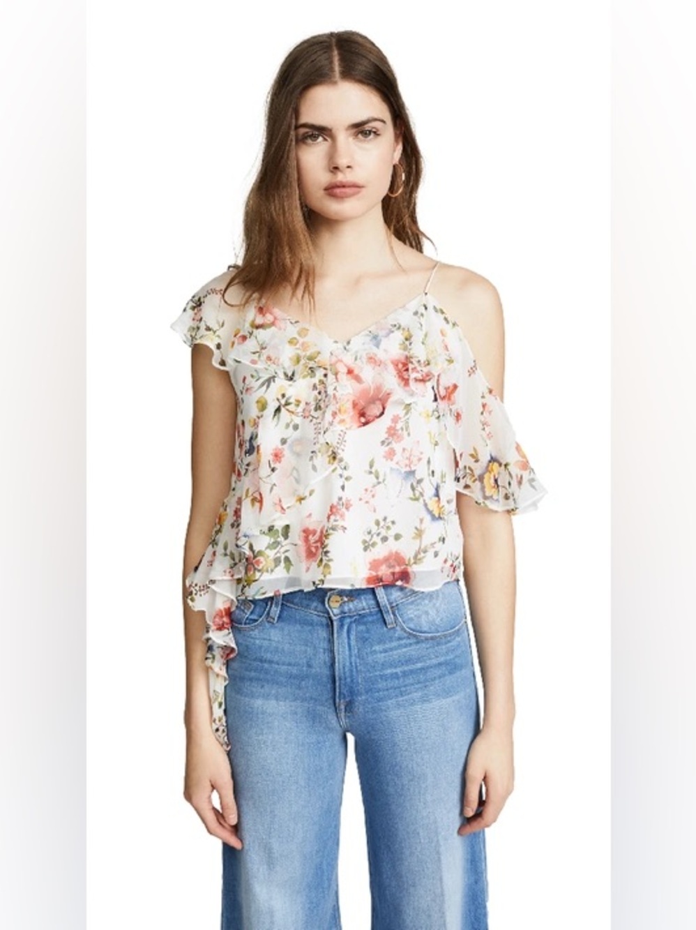 Alice + Olivia Paulina Silk Top Asymmetrical Ruffle Floral White Size Small EUC